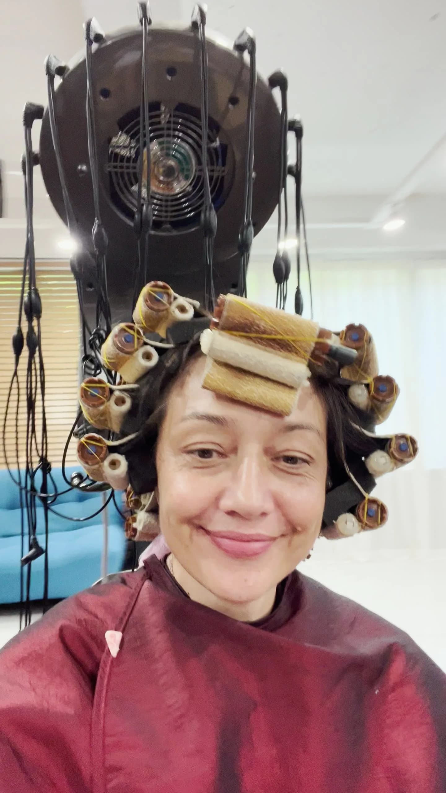 Me with heated rods wired to a digital perm machine, Seoul, 18 August 2026